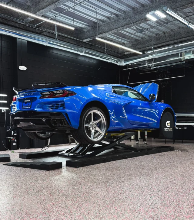 C8 E-Ray Corvette up on the lift for Track Pack PPF. You have to get the car in the air to wrap the lower sections correctly. Can't reach the edges or see what you're doing from ground level.Most shops skip lifting and just do what they can reach. We put every car up when we're doing full front or rocker coverage.#Corvette #C8Corvette #CorvetteC8 #PPF #PaintProtectionFilm #RockerPanels #AutoLust #ApexNC #CaryNC #PPFInstall #DetailingProcess #TriangleNC #919Cars #ChevyCorvette #ProInstall